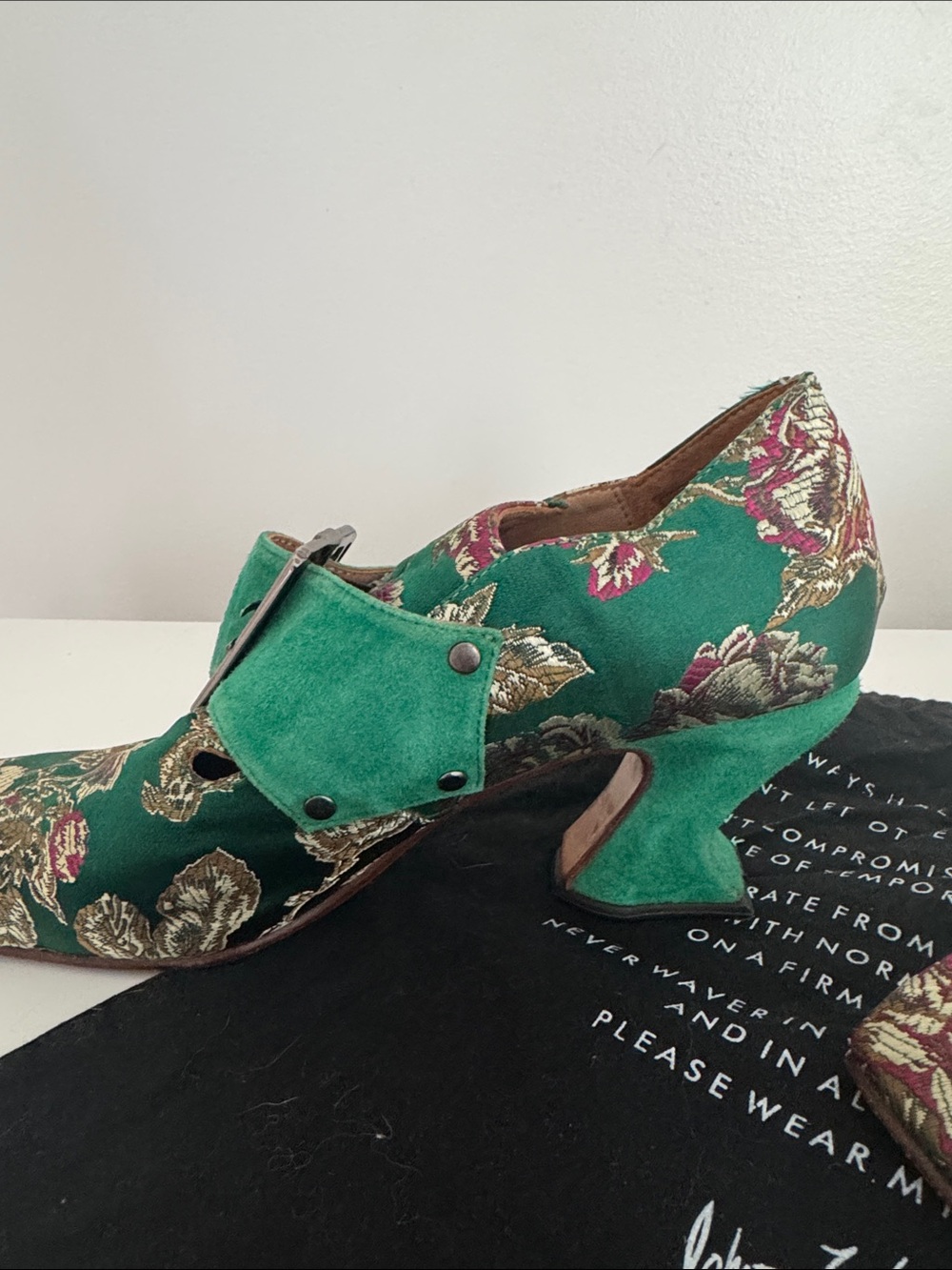 John Fluevog Bishop Green Floral Jaquard Suede Strap Heels - Picture 5 of 8
